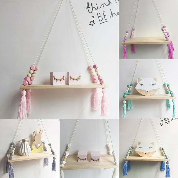 Nordic Style Tassel Bead Wooden Storage Hanging Shelf Wall Decoration kids Room Nordic Style Tassel Bead Wooden Storage Hanging Shelf Wall Decoration kids Room